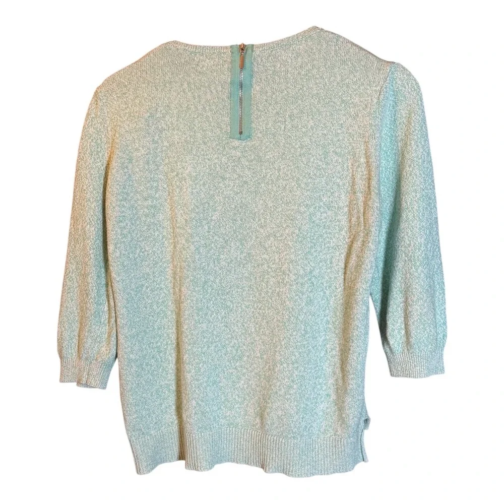 H&M Women's Green White Textured Knit Sweater‎ Top 3/4 Sleeve Zip Back Size L